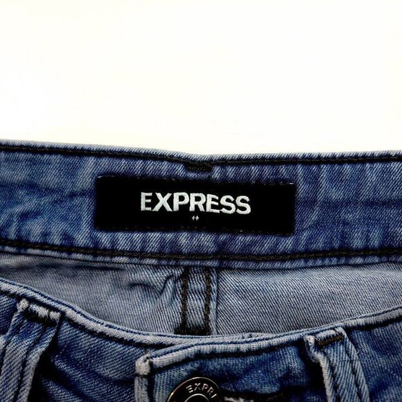 DAMAGED Express Light Blue Stone Wash Whisker Mid Rise Denim Jeans‎ 30/29 Slim - Picture 7 of 11